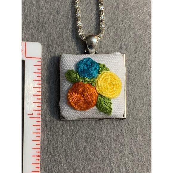Wild Rose Embroidered Necklace in Square Bezel - Handmade - Picture 4 of 5